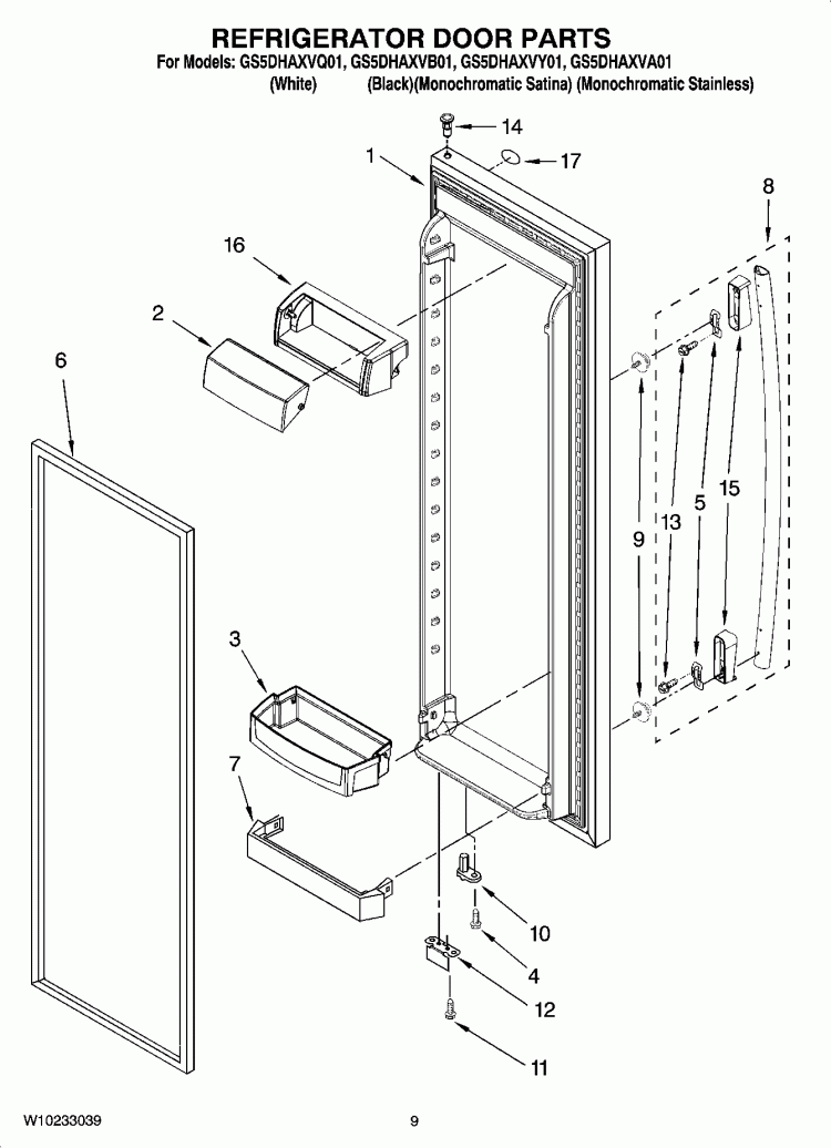 REFRIGERATOR DOOR PARTS Diagram and Parts List for GS5DHAXVY01  Whirlpool Refrigerator