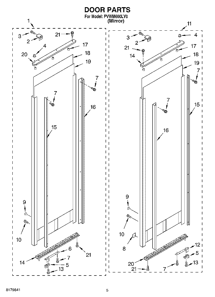 DOOR Diagram and Parts List for PVWM600LY0  Whirlpool Cabinet