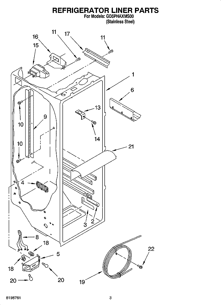 REFRIGERATOR LINER PARTS Diagram and Parts List for GD5PHAXMS00  Whirlpool Refrigerator