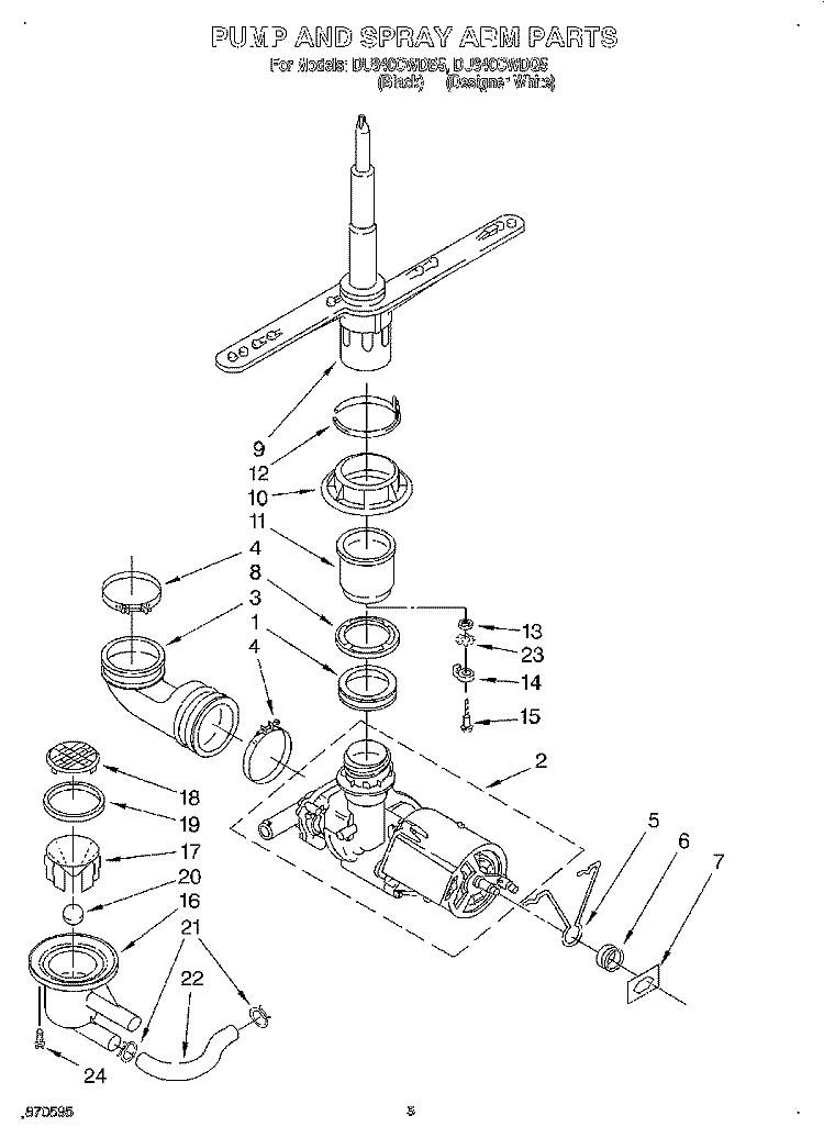 PUMP AND SPRAYARM Diagram and Parts List for  Whirlpool Dishwasher