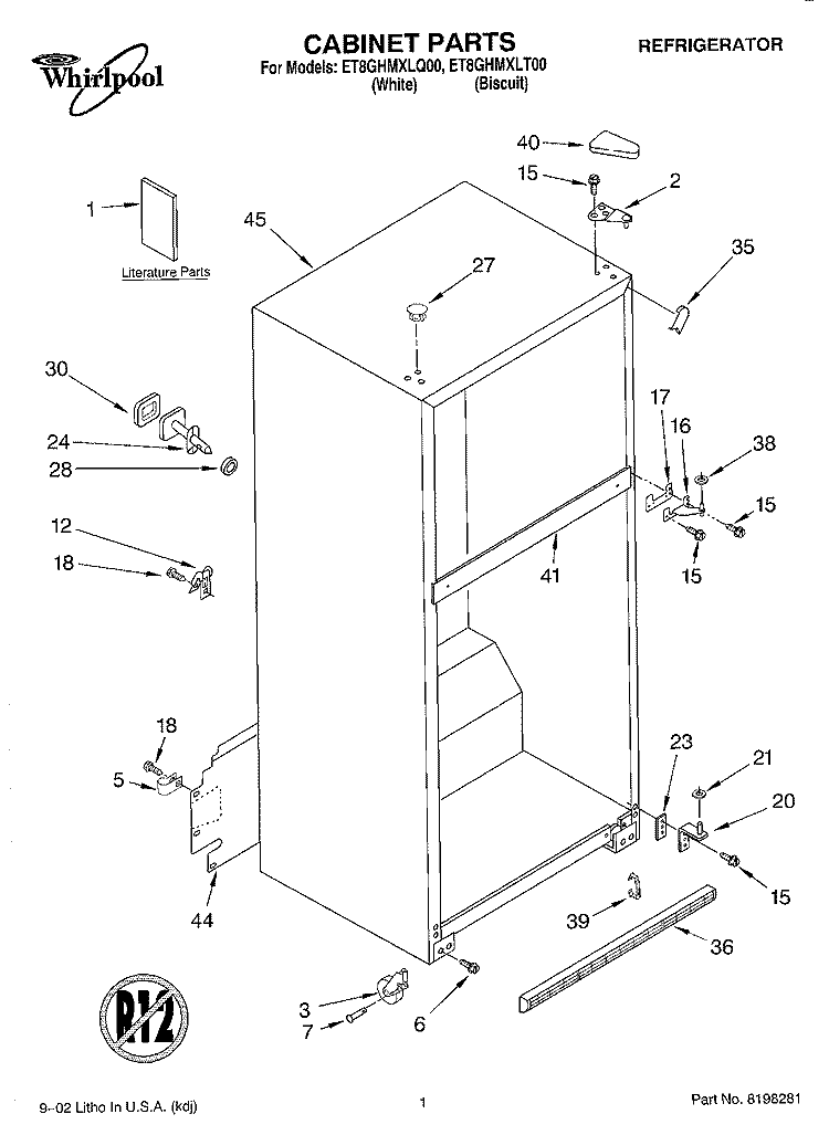 CABINET, LITERATURE Diagram and Parts List for ET8GHMXLQ00  Whirlpool Refrigerator