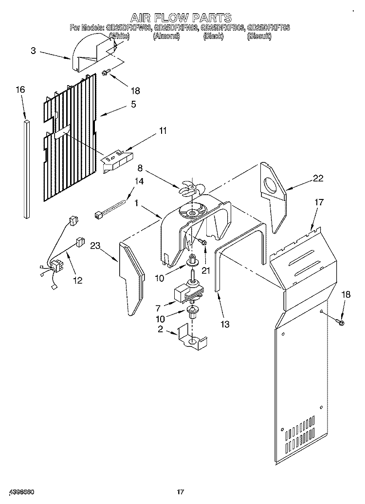 AIR FLOW Diagram and Parts List for GD25DFXFB03  Whirlpool Refrigerator