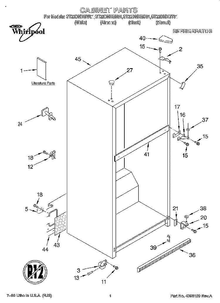 CABINET, LITERATURE Diagram and Parts List for GT22DMXGT01  Whirlpool Refrigerator