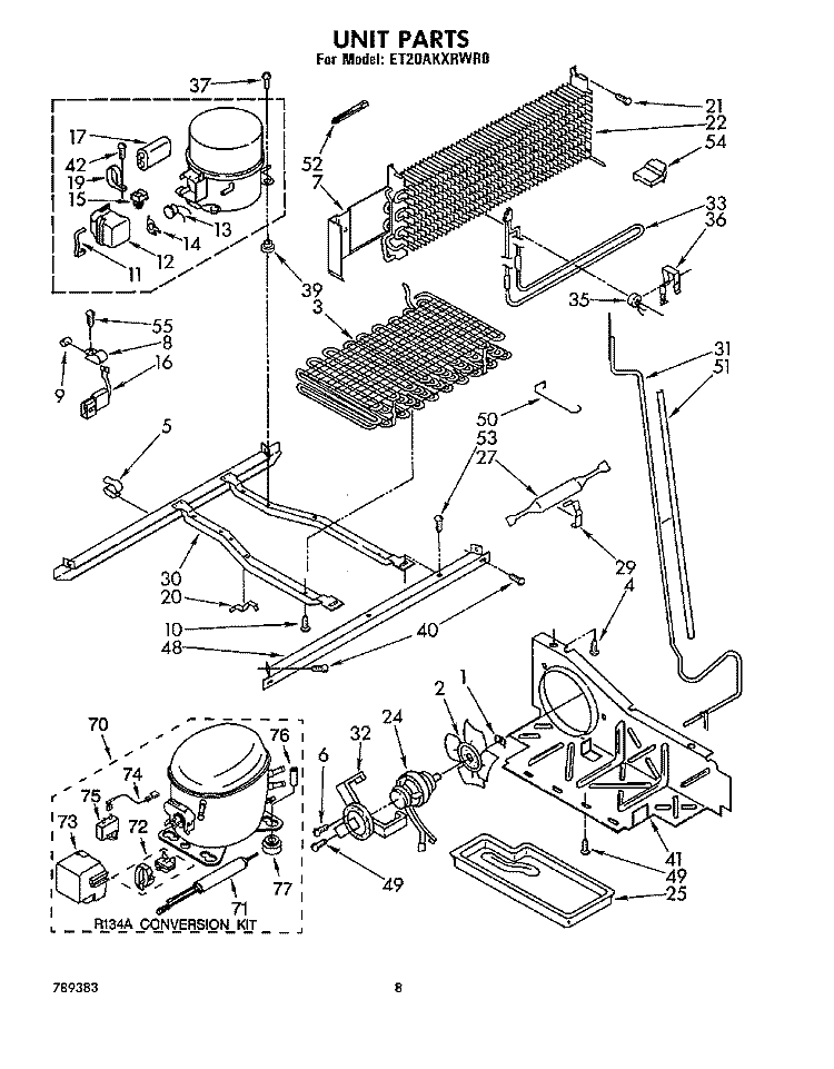 UNIT Diagram and Parts List for ET20AKXRWR0  Whirlpool Refrigerator