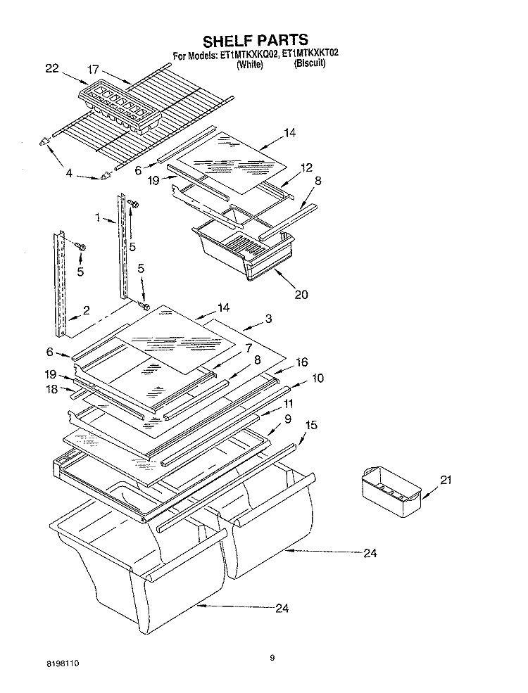 SHELF, OPTIONAL Diagram and Parts List for ET1MTKXKQ02  Whirlpool Refrigerator