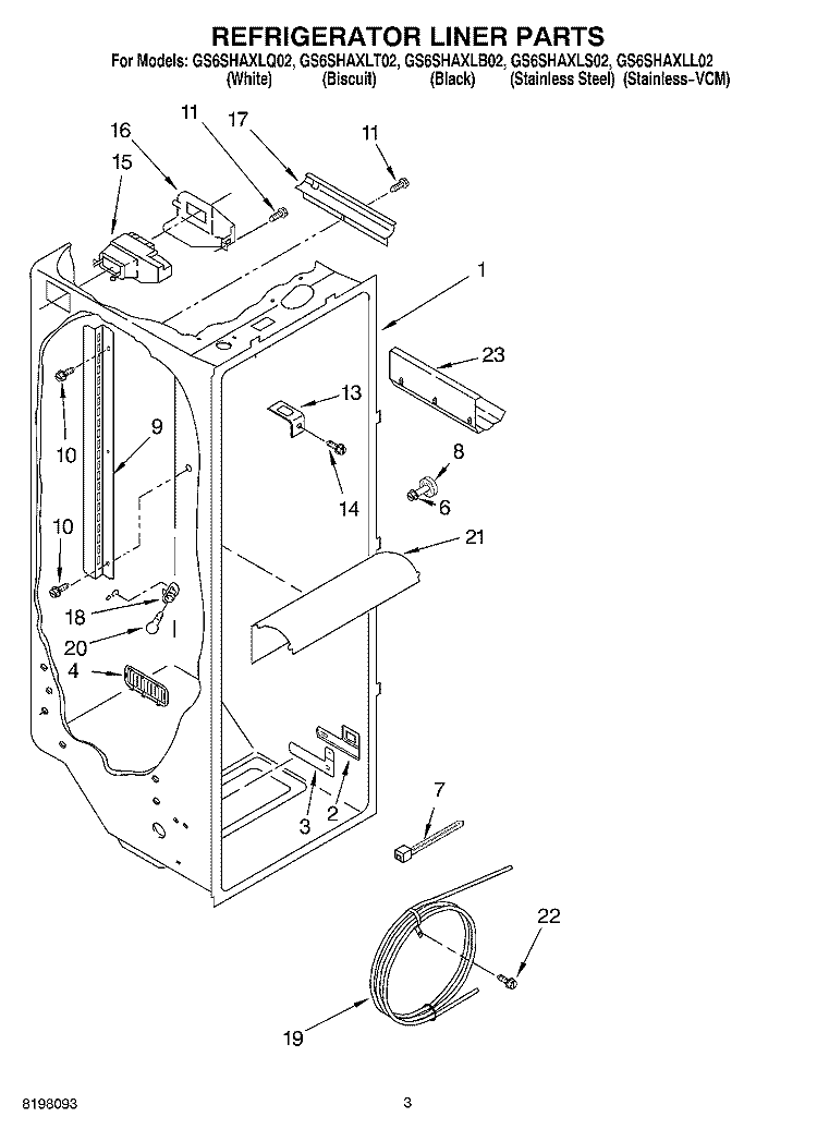 REFRIGERATOR LINER Diagram and Parts List for GS6SHAXLS02  Whirlpool Refrigerator