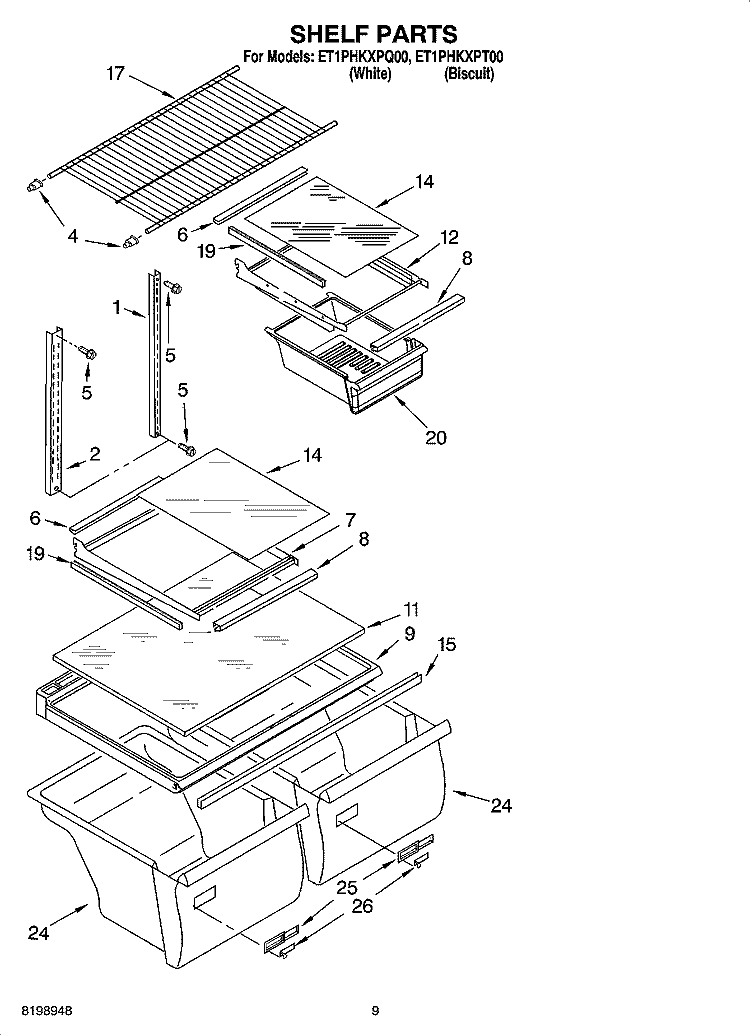 SHELF PARTS, OPTIONAL PARTS Diagram and Parts List for ET1PHKXPT00  Whirlpool Refrigerator