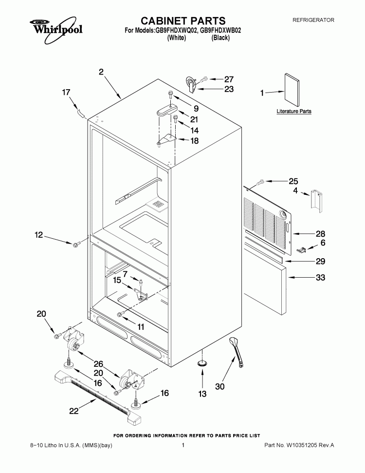 CABINET PARTS Diagram and Parts List for GB9FHDXWQ02  Whirlpool Refrigerator