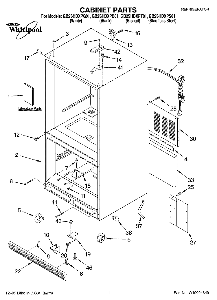 CABINET PARTS Diagram and Parts List for GB2SHDXPT01  Whirlpool Refrigerator