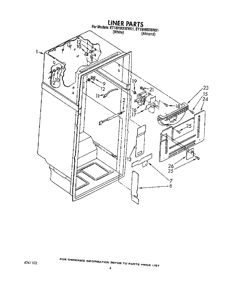 LINER Diagram and Parts List for ET18HMXWW01  Whirlpool Refrigerator