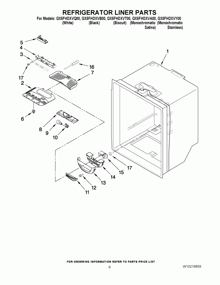 REFRIGERATOR LINER PARTS Diagram and Parts List for  Whirlpool Refrigerator