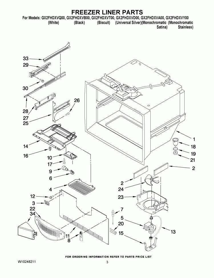 FREEZER LINER PARTS Diagram and Parts List for  Whirlpool Refrigerator