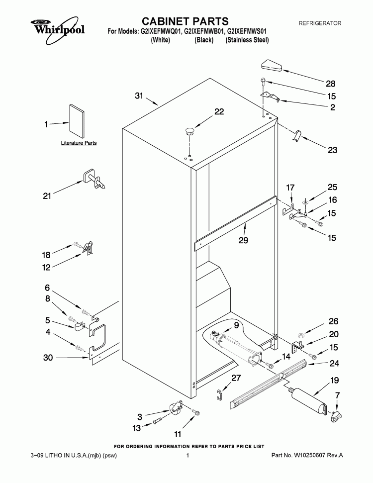 CABINET PARTS Diagram and Parts List for G2IXEFMWQ01  Whirlpool Refrigerator