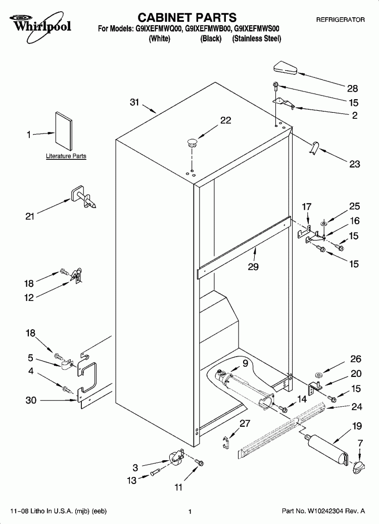 CABINET PARTS Diagram and Parts List for G9IXEFMWB00  Whirlpool Refrigerator