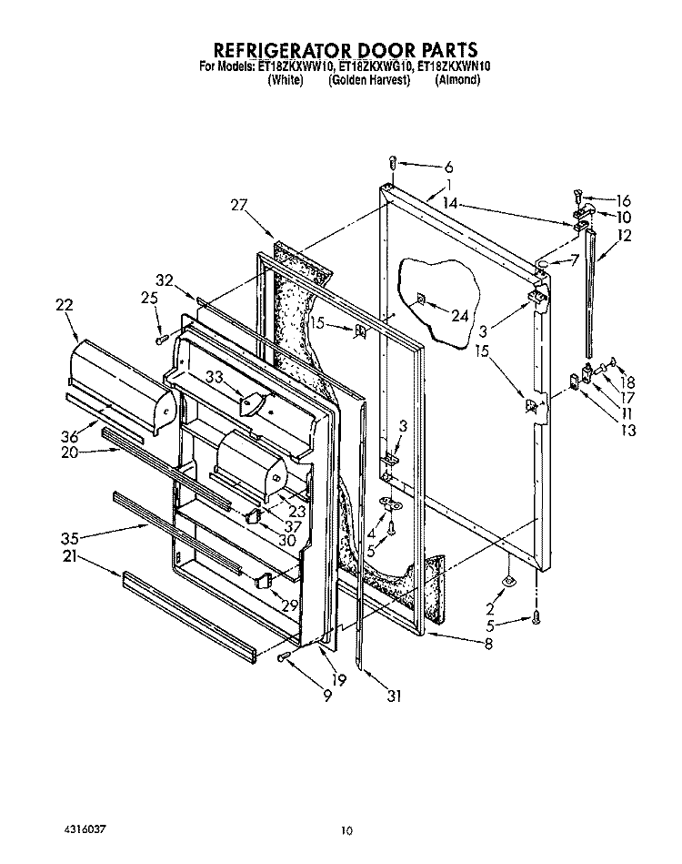 REFRIGERATOR DOOR, LIT/OPTIONAL Diagram and Parts List for ET18ZKXWG10  Whirlpool Refrigerator