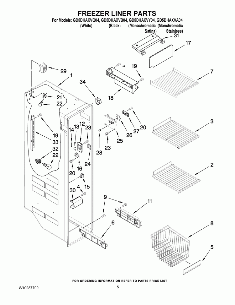 FREEZER LINER PARTS Diagram and Parts List for GD5DHAXVB04  Whirlpool Refrigerator