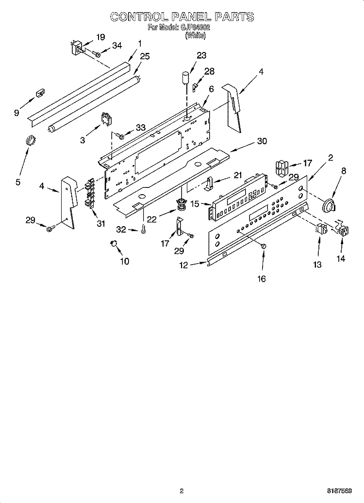 CONTROL PANEL PARTS Diagram and Parts List for  Whirlpool Range