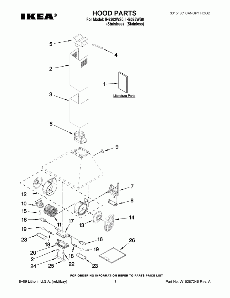 HOOD PARTS Diagram and Parts List for  Whirlpool Range Hood