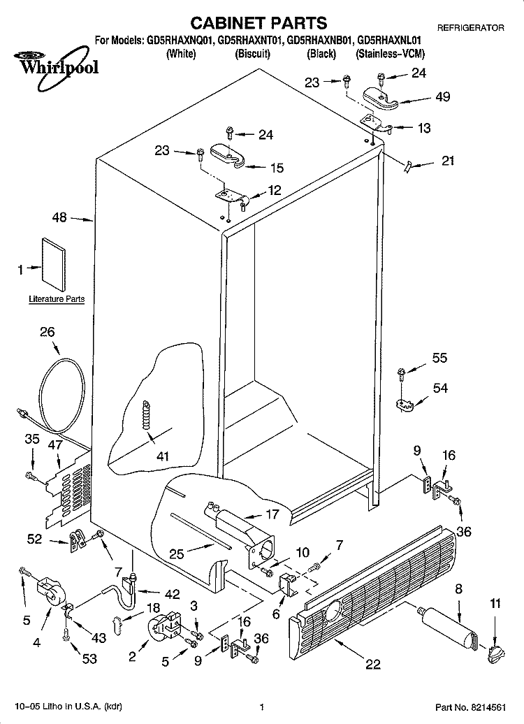 CABINET PARTS Diagram and Parts List for GD5RHAXNL01  Whirlpool Refrigerator