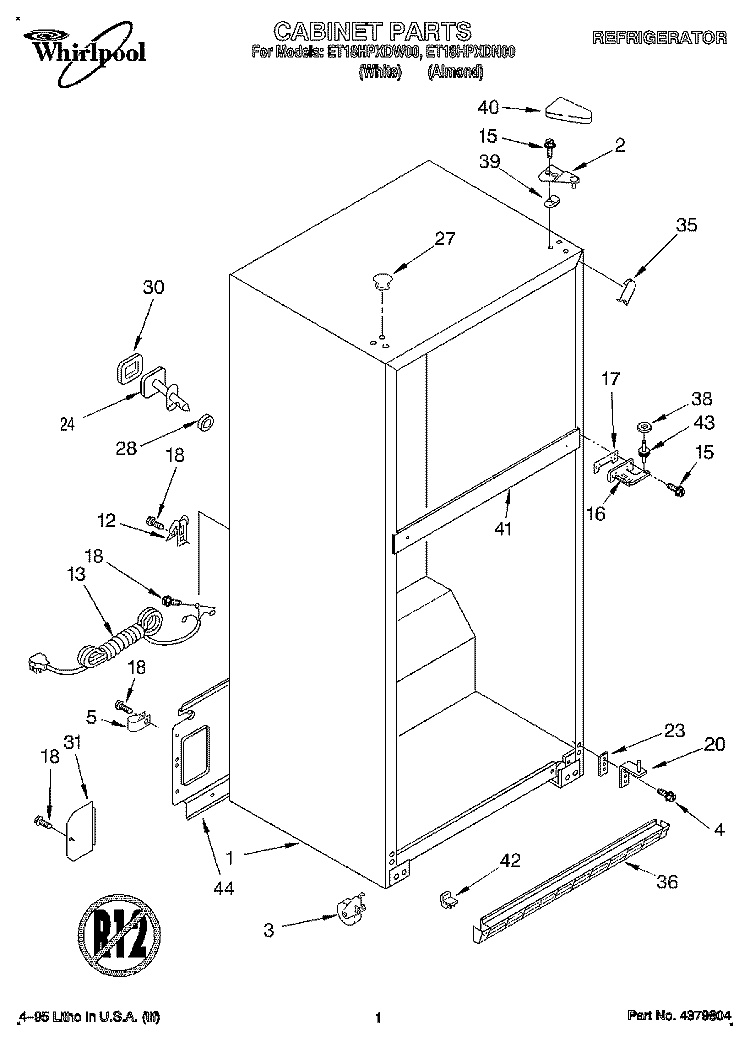 CABINET Diagram and Parts List for ET18HPXDW00  Whirlpool Refrigerator