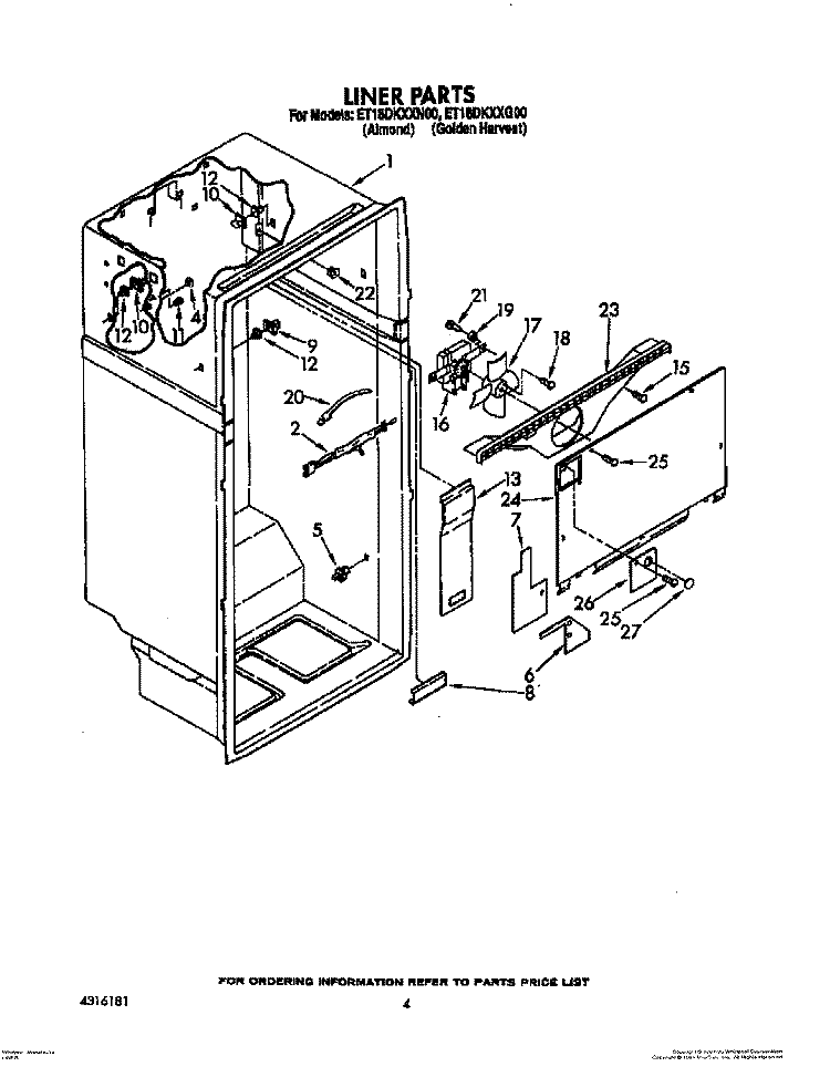 LINER Diagram and Parts List for ET18DKXXG00  Whirlpool Refrigerator