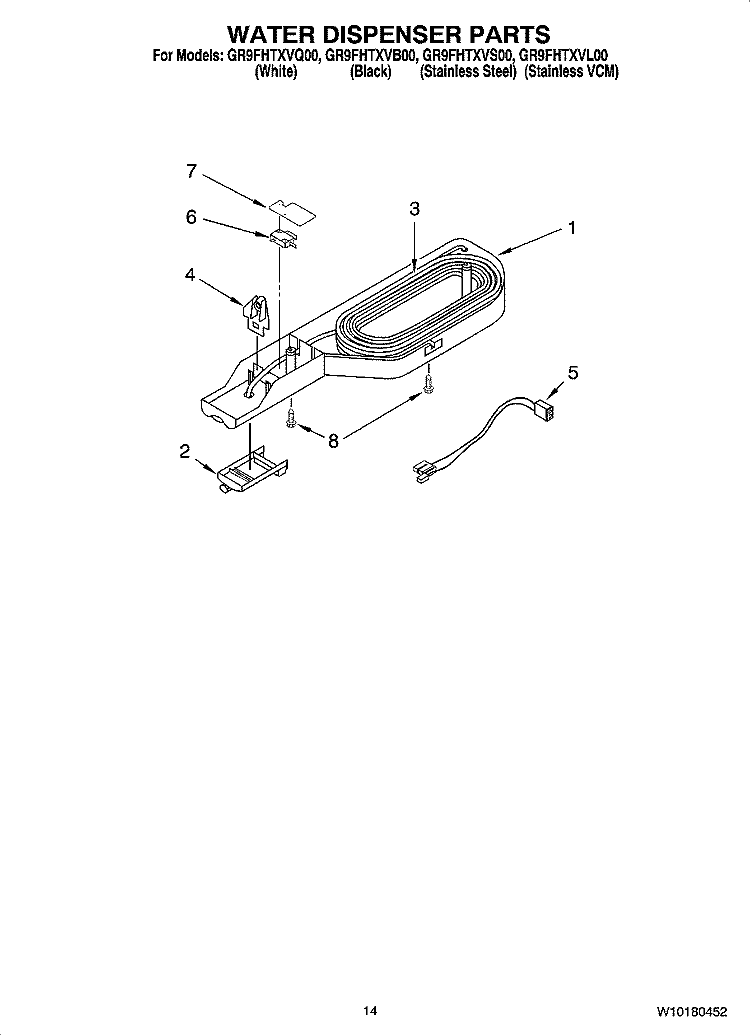 WATER DISPENSER PARTS, OPTIONAL PARTS Diagram and Parts List for GR9FHTXVQ00  Whirlpool Refrigerator