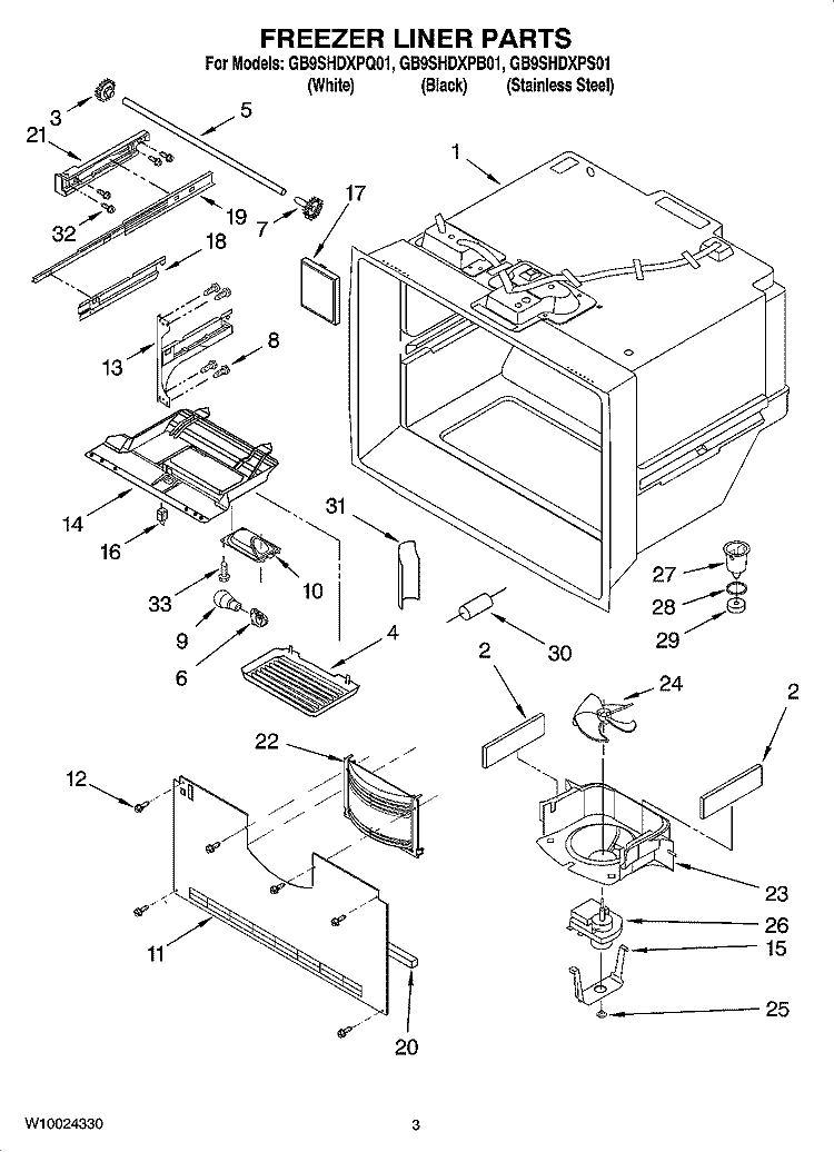 FREEZER LINER PARTS Diagram and Parts List for GB9SHDXPB01  Whirlpool Refrigerator