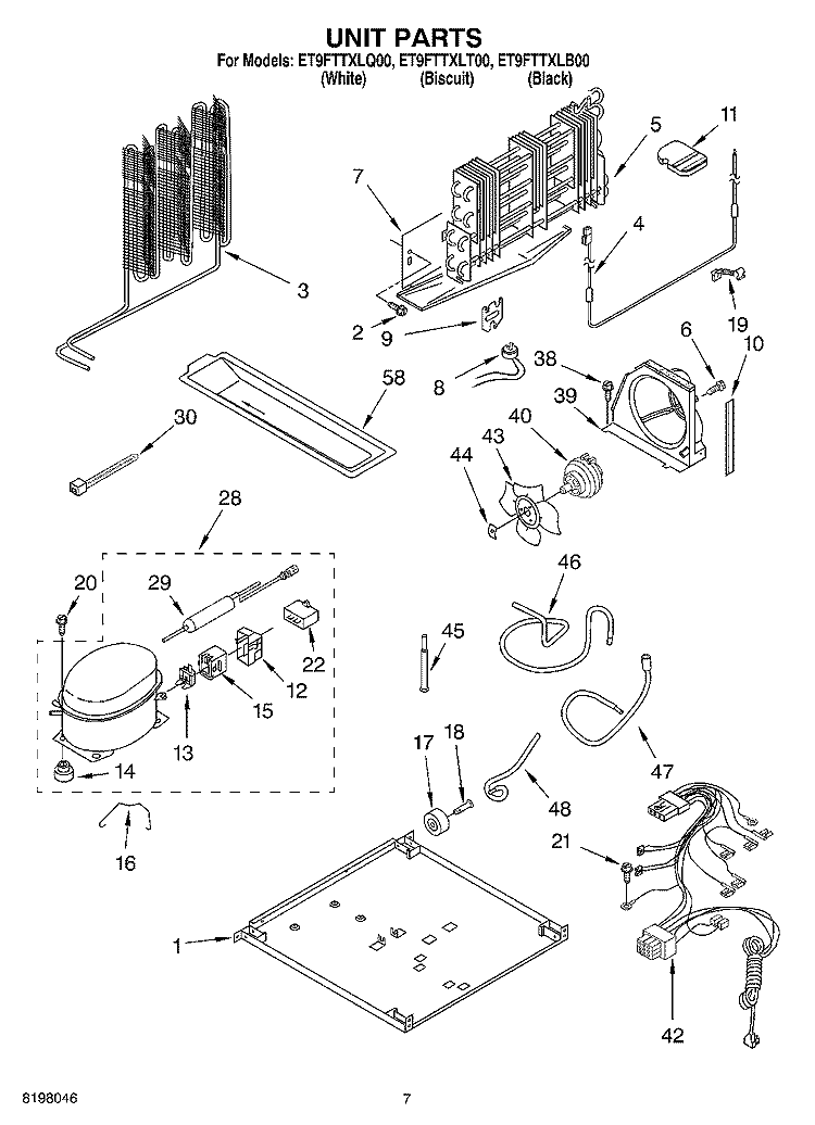 UNIT Diagram and Parts List for ET9FTTXLQ00  Whirlpool Refrigerator