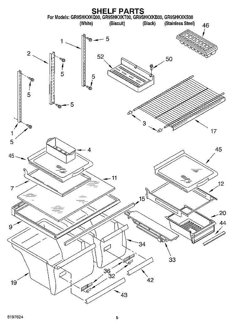 SHELF Diagram and Parts List for GR9SHKXKB00  Whirlpool Refrigerator