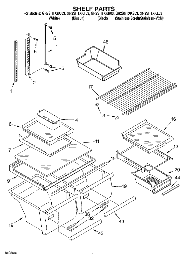 SHELF PARTS Diagram and Parts List for GR2SHTXKL03  Whirlpool Refrigerator