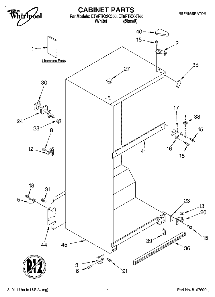 CABINET, LITERATURE Diagram and Parts List for ET9FTKXKQ00  Whirlpool Refrigerator