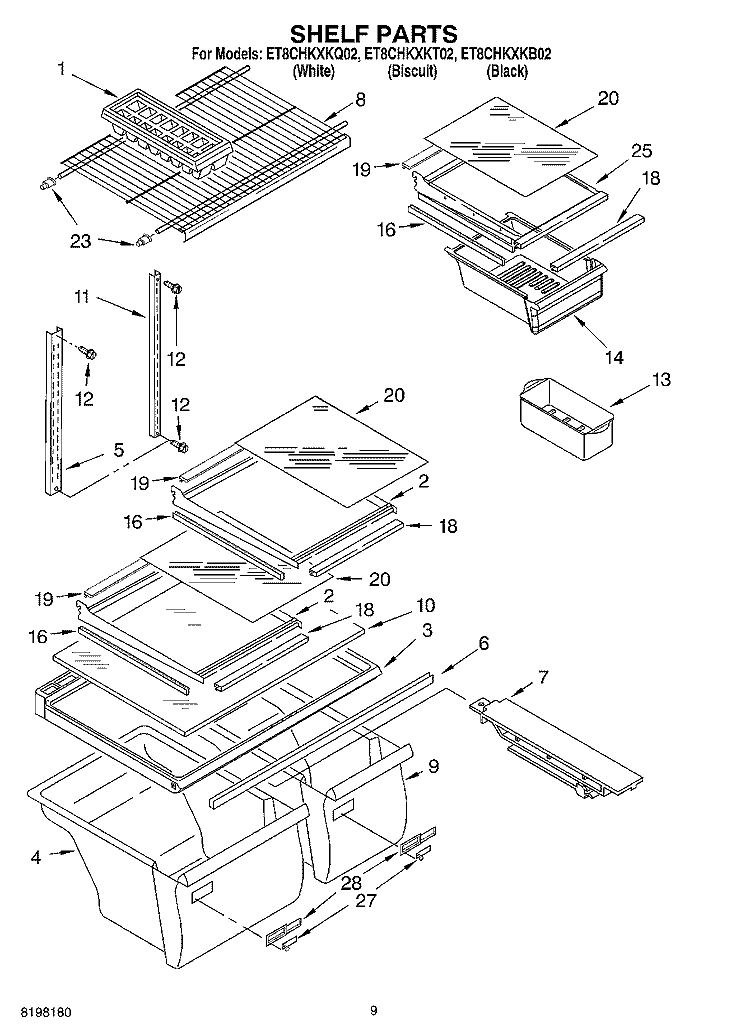 SHELF, OPTIONAL Diagram and Parts List for ET8CHKXKQ02  Whirlpool Refrigerator