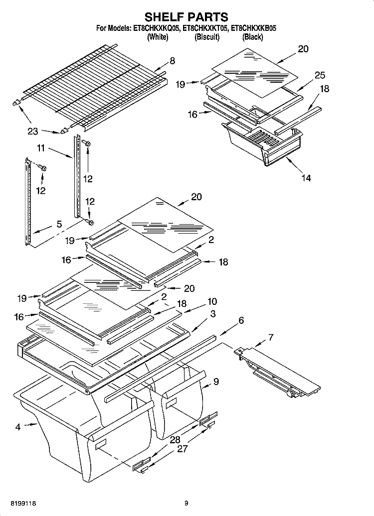SHELF PARTS, OPTIONAL PARTS Diagram and Parts List for ET8CHKXKT05  Whirlpool Refrigerator