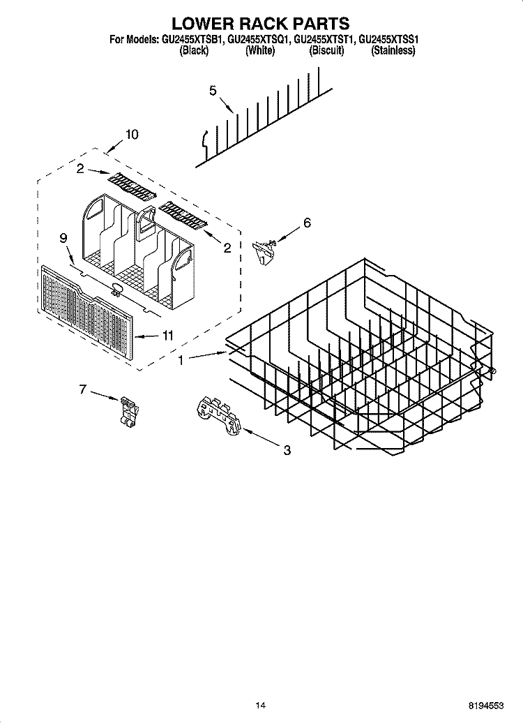 LOWER RACK PARTS, OPTIONAL PARTS (NOT INCLUDED) Diagram and Parts List for  Whirlpool Dishwasher