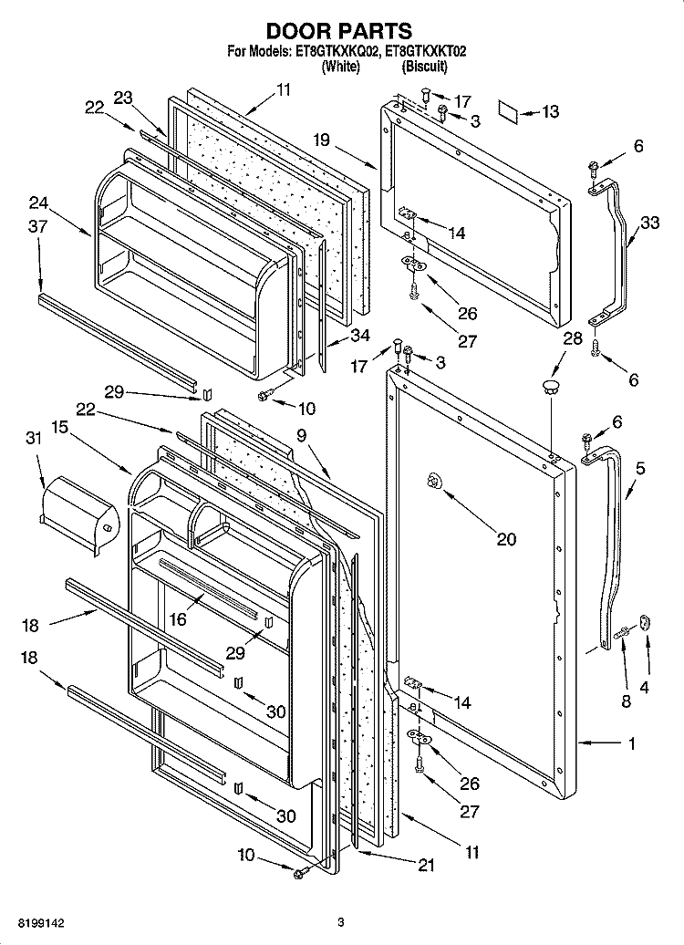 DOOR PARTS Diagram and Parts List for ET8GTKXKT02  Whirlpool Refrigerator