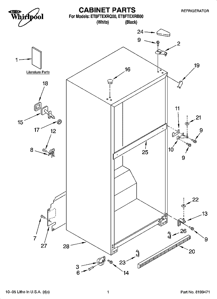 CABINET PARTS Diagram and Parts List for ET8FTEXRQ00  Whirlpool Refrigerator