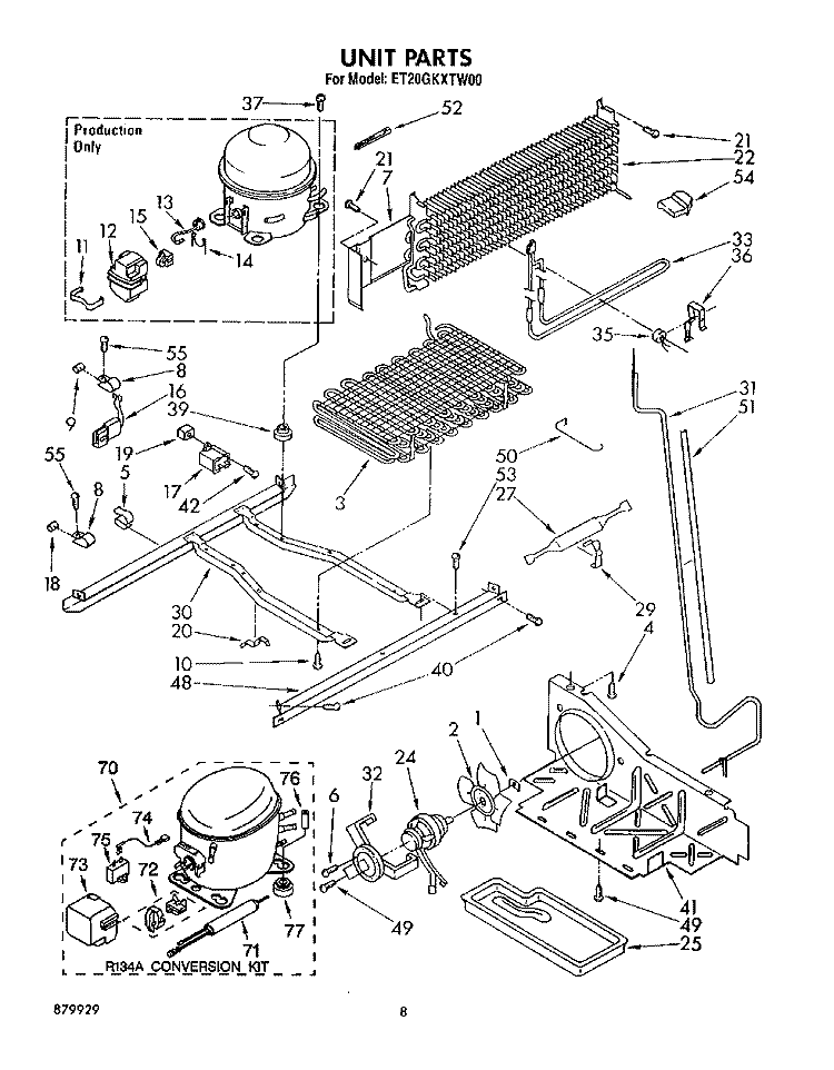 UNIT Diagram and Parts List for ET20GKXTN00  Whirlpool Refrigerator