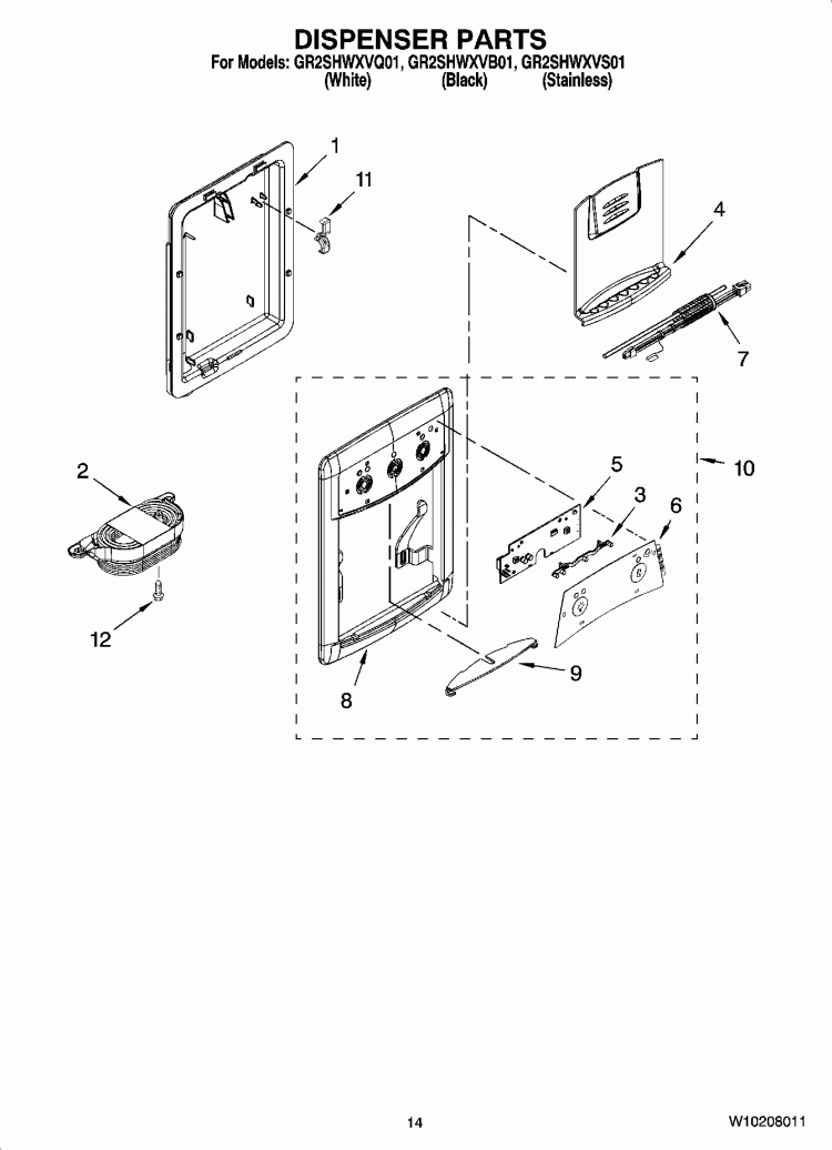 DISPENSER PARTS, OPTIONAL PARTS Diagram and Parts List for GR2SHWXVB01  Whirlpool Refrigerator