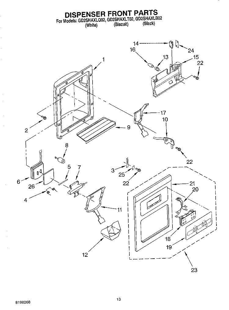 DISPENSER FRONT Diagram and Parts List for GD2SHAXLT02  Whirlpool Refrigerator