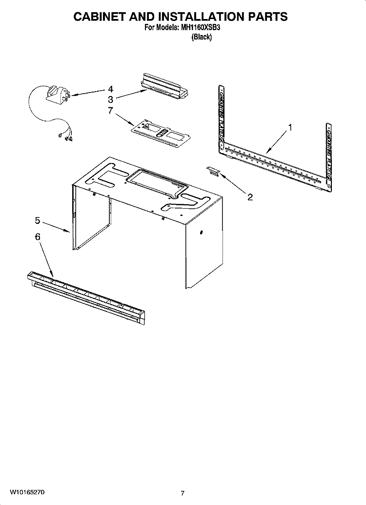 CABINET AND INSTALLATION PARTS Diagram and Parts List for  Whirlpool Microwave