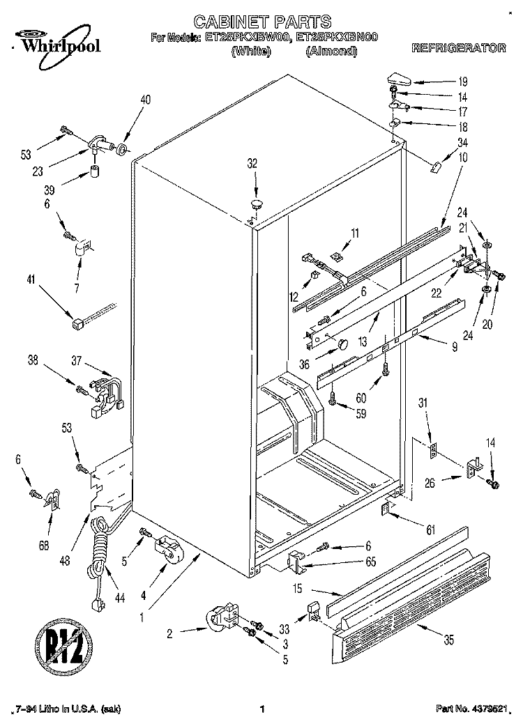 CABINET Diagram and Parts List for ET25PKXBN00  Whirlpool Refrigerator