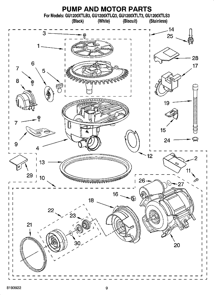 PUMP AND MOTOR PARTS Diagram and Parts List for  Whirlpool Dishwasher