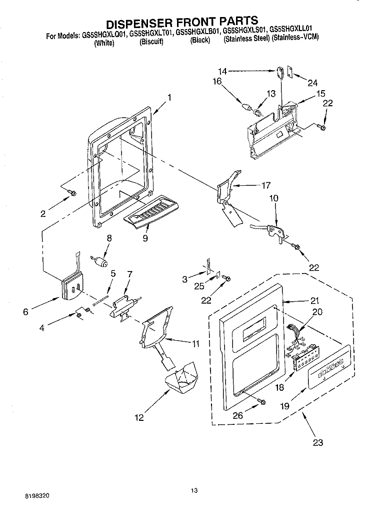 DISPENSER FRONT PARTS Diagram and Parts List for GS5SHGXLT01  Whirlpool Refrigerator