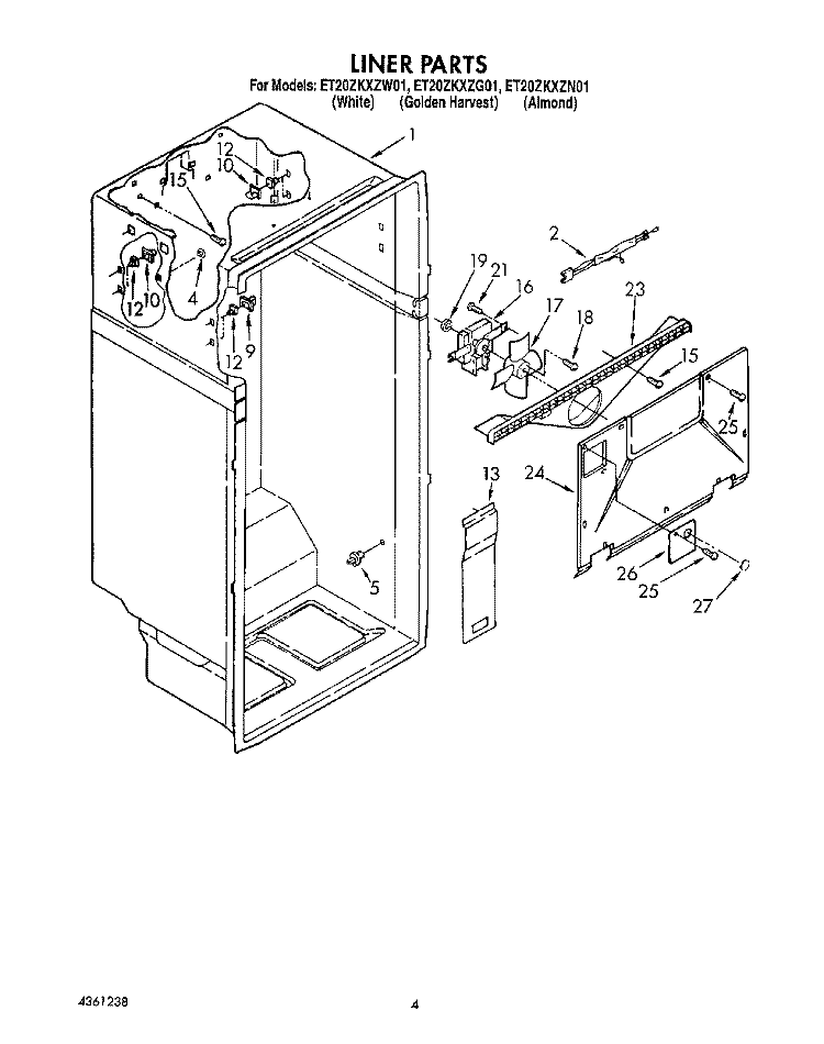 LINER Diagram and Parts List for ET20ZKXZN01  Whirlpool Refrigerator