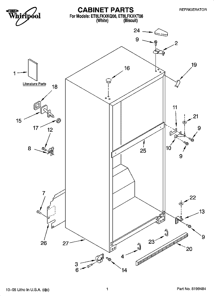 CABINET PARTS Diagram and Parts List for ET8LFKXKT06  Whirlpool Refrigerator