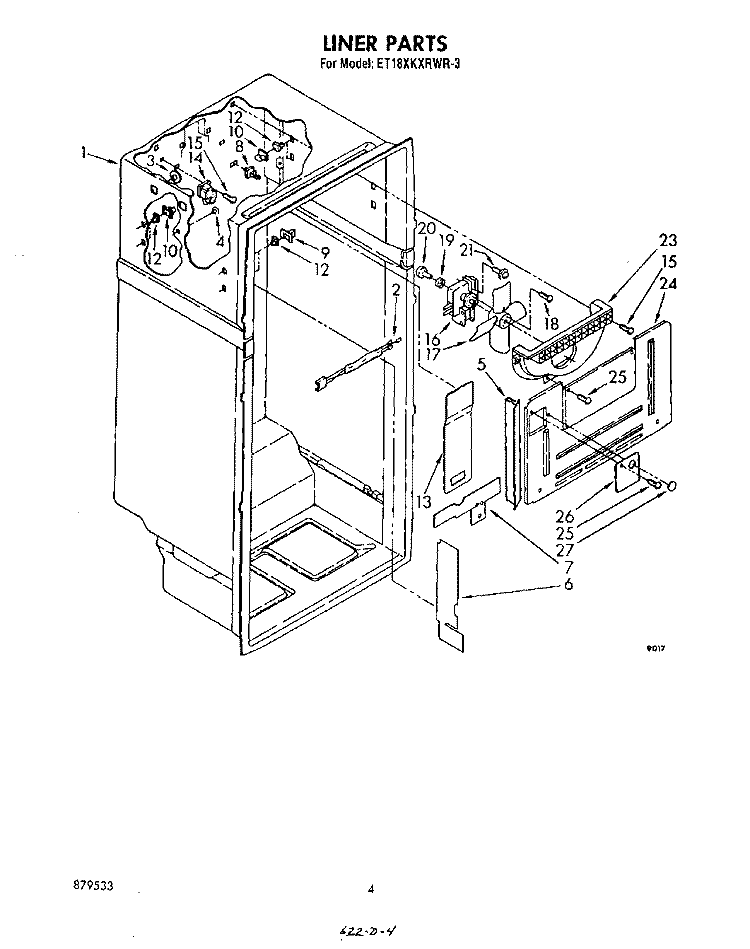 LINER Diagram and Parts List for ET18XKXRWR3  Whirlpool Refrigerator