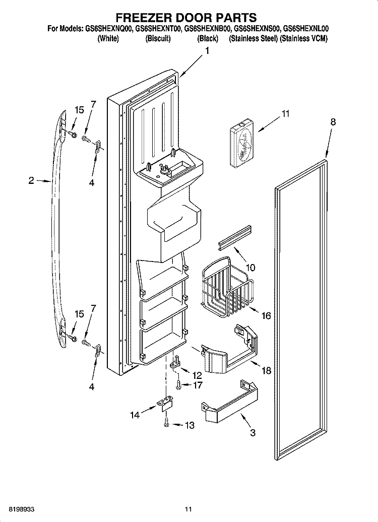 FREEZER DOOR PARTS Diagram and Parts List for GS6SHEXNB00  Whirlpool Refrigerator