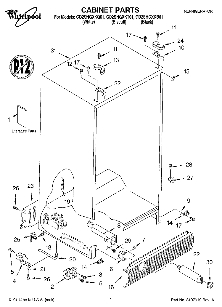 CABINET, LITERATURE Diagram and Parts List for GD2SHGXKB01  Whirlpool Refrigerator