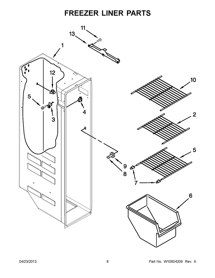 FREEZER LINER PARTS Diagram and Parts List for  Whirlpool Refrigerator