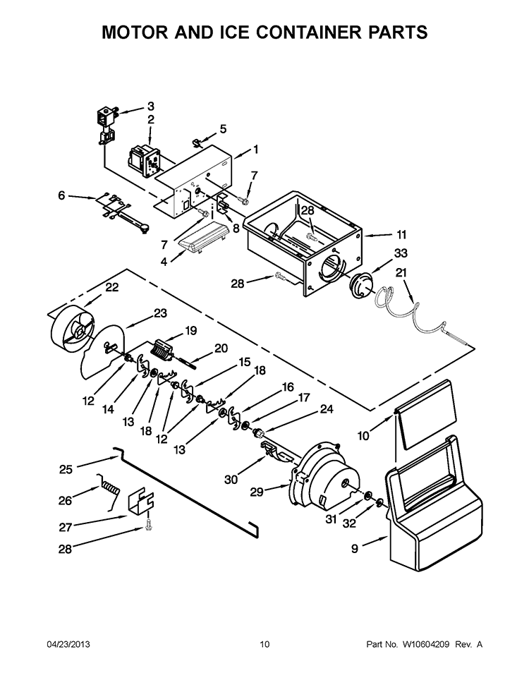 MOTOR AND ICE CONTAINER PARTS Diagram and Parts List for  Whirlpool Refrigerator